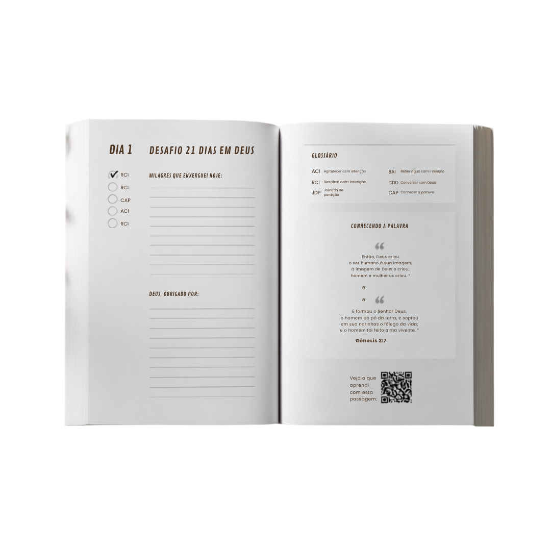 Livro aberto mostrando o planner do Desafio 21 Dias em Deus no Dia 1, com espaço para milagres, gratidão e glossário bíblico